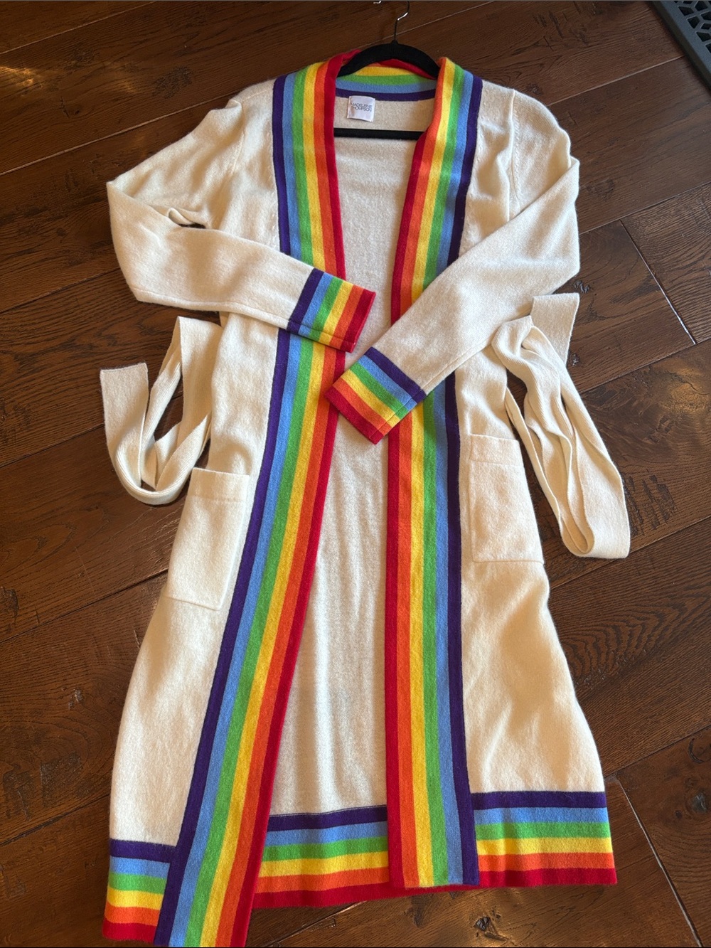 MADELEINE THOMPSON Cream Long Cardigan with Rainbow Trim